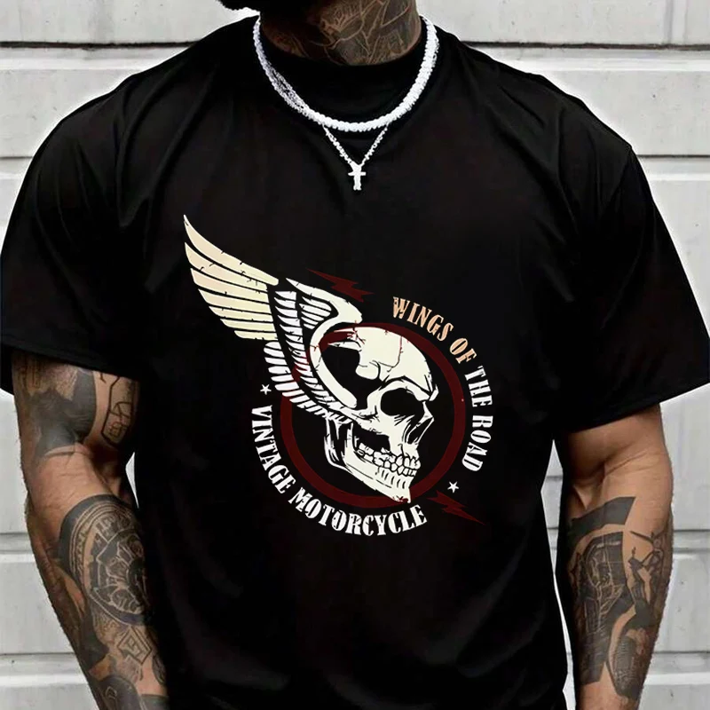 

Новая футболка с принтом «Крылья дороги» в винтажном стиле, с черепом и крыльями, для мотоциклистов, повседневная, с круглым вырезом, 2026