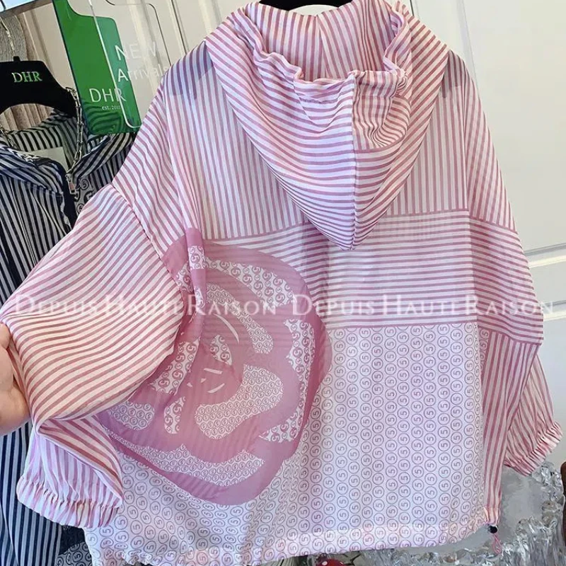 Women 2024 Summer New Korean Commute Hooded Spliced Striped Printed Pockets Loose Breathable Long Sleeve Sunscreen Clothing Coat