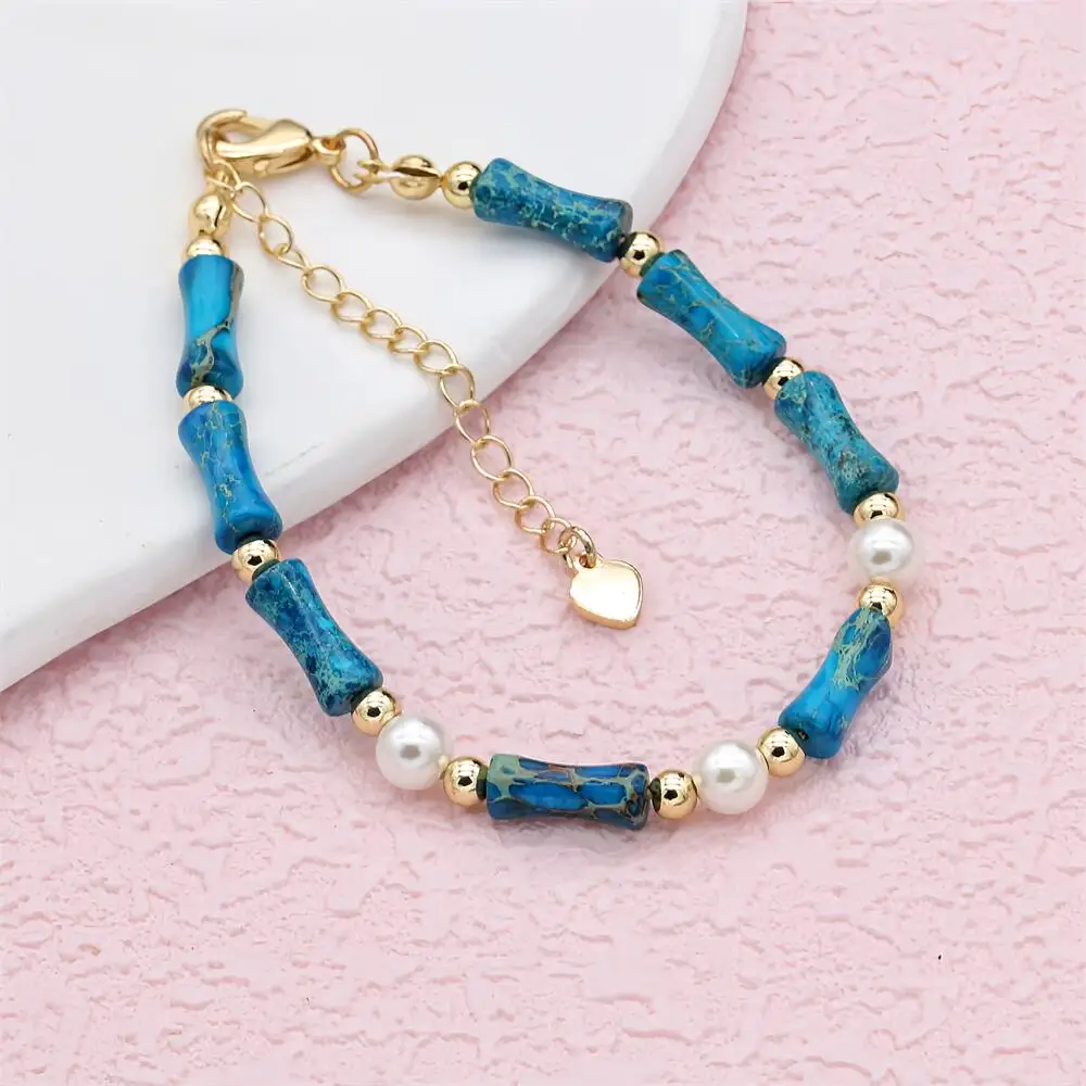 4*13mm Natural Stone Bamboo Joint Blue Imperial Stone Pearls Strand Beaded Bracelet for Women Accessories Gold Plated