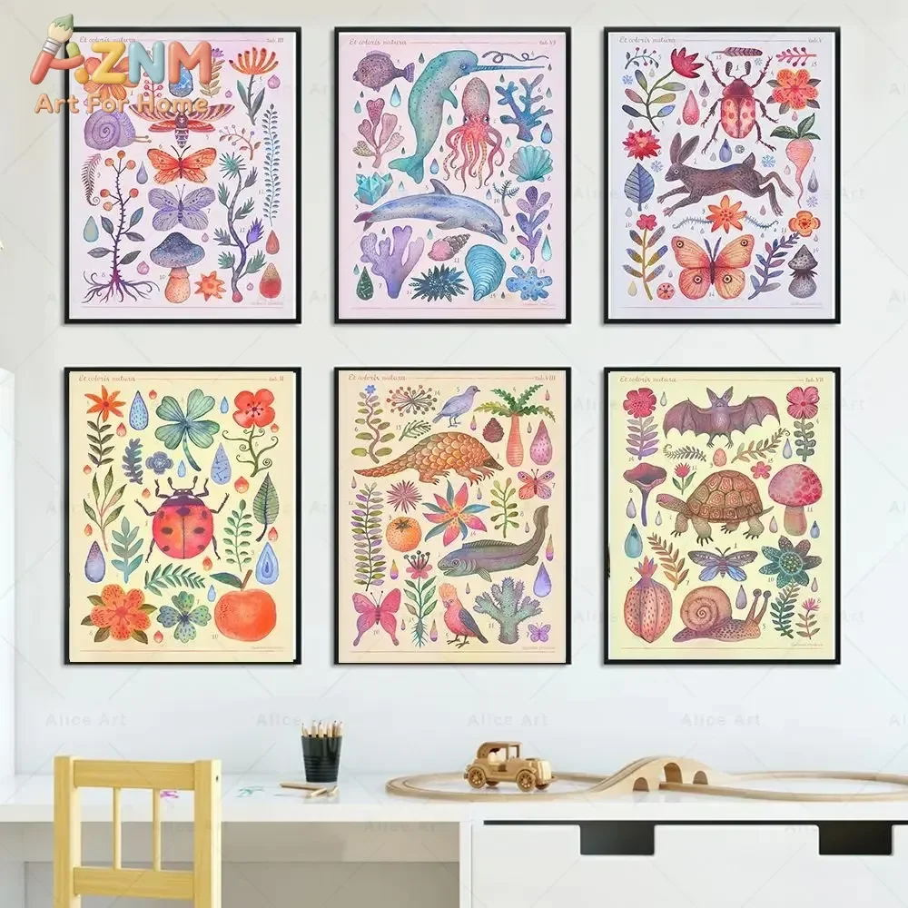 Animal Education Wall Picture Octopus Whale Beetle Butterfly Deer Wall Art Poster Canvas Painting Flower Insect Kid Room Decor