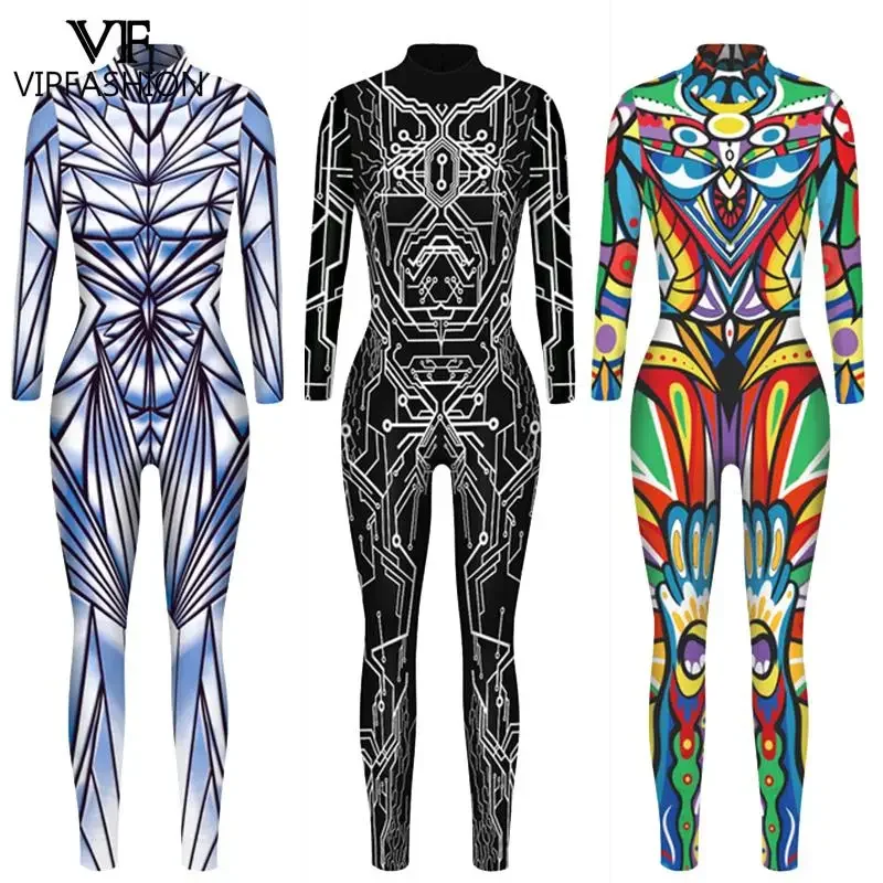 Vip-halloween traje para as mulheres, esqueleto impresso macacões, cosplay colorido gradiente, zentai catsuit