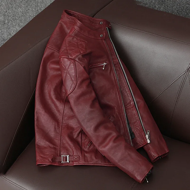 2025 Fashion Biker Men's Leather Jacket Spring and Autumn Slim Quality Wine Red Motorcycle Sheepskin Tanned Soft Male Coat