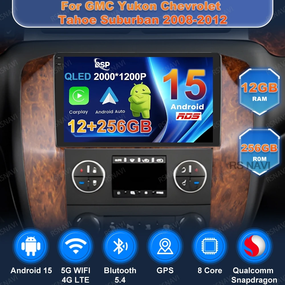 Android 15 Car Radio For GMC Yukon Chevrolet Tahoe Suburban 2008-2012 Multimedia Autoradio GPS Wireless Carplay Auto DVD 5G WIFI
