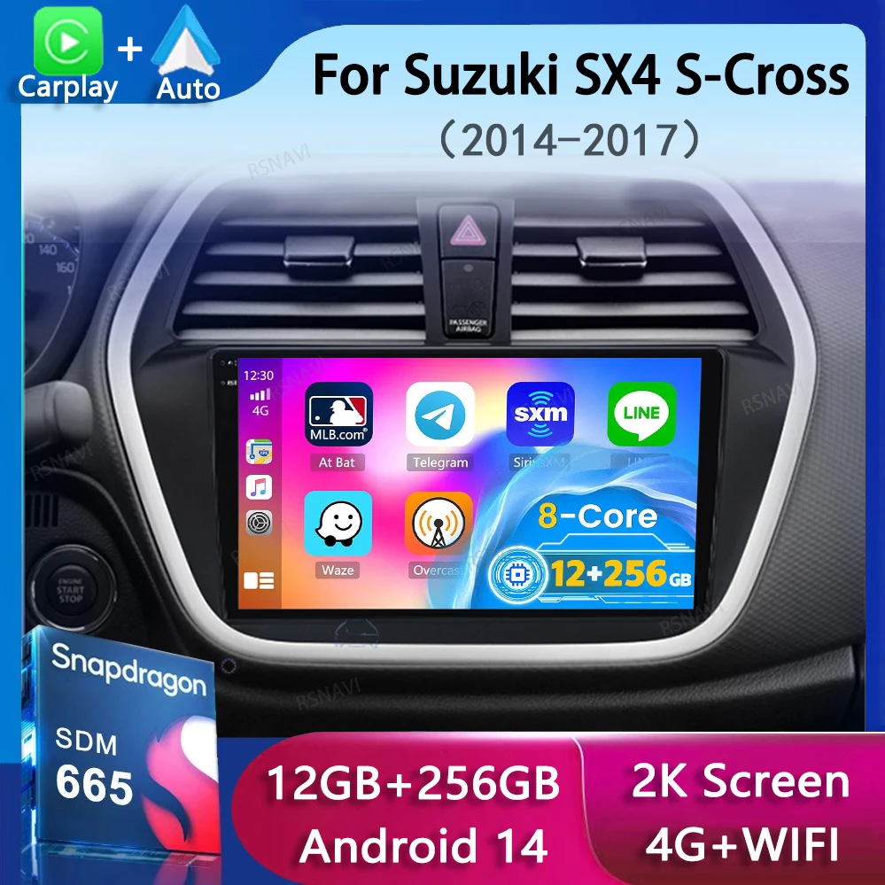 Автомобильный радиоприемник Android 14 для Suzuki SX4 S-Cross 2014 2015 2016 2017, мультимедийный плеер, стерео GPS, WIFI + 4G, беспроводной Carplay, авто видео