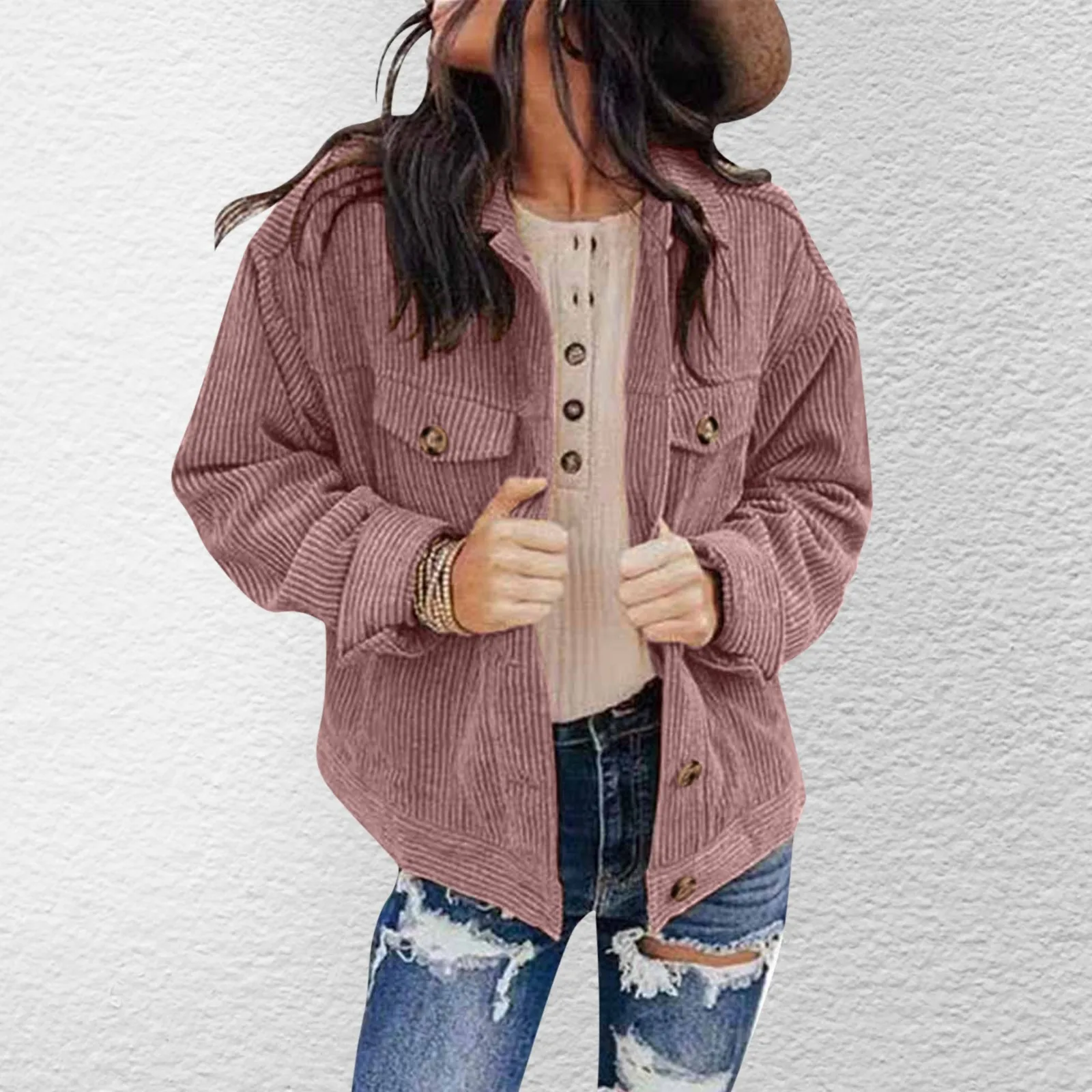 Harajuku Corduroy Jackets Women Winter Autumn Coat Overcoats Female Casual Jackets Solid Color Loose Outwaer Casual Tops 2024