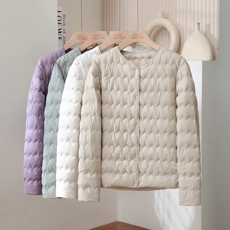 Women's Korean Style Lightweight Slim Fit Round Neck Long Sleeve Button Front Casual Winter Jacket for Women Winter Coat