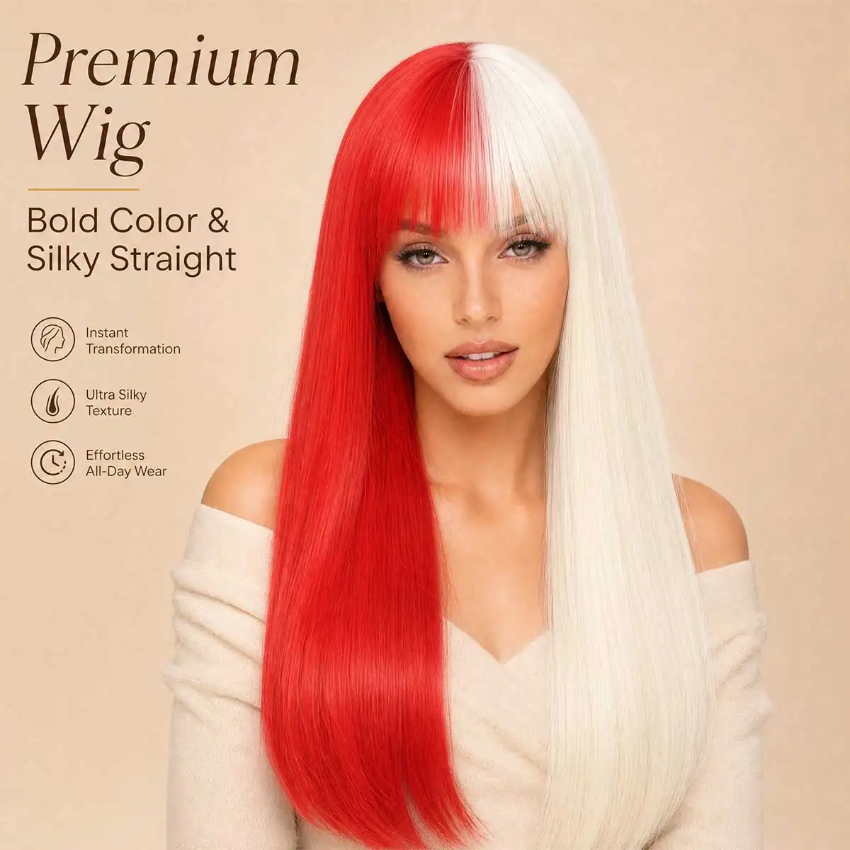 Half Red Half White Long Straight Wig, Full Bangs Synthetic Wig for Women Halloween Costume Club Dating Wear