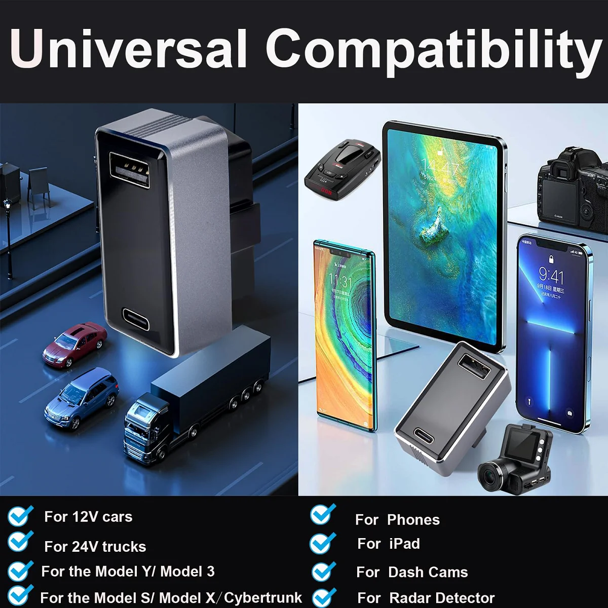 Adaptor Daya Pengisi Daya Cepat OBD untuk Tesla Model 3/Y/X/S/Cybertruck PD & QC 3.0 Pengisian Cepat Dual-Port USB dan TYPE-C Hidden Hub