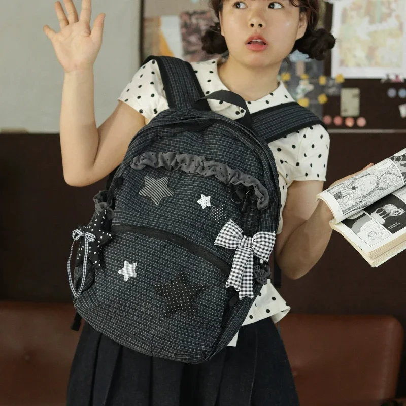 Original Japanese Y2K Subculture Backpack Star Plaid Splicing Large-capacity Fashion Bag Retro Harajuku Street Style Casual Bag