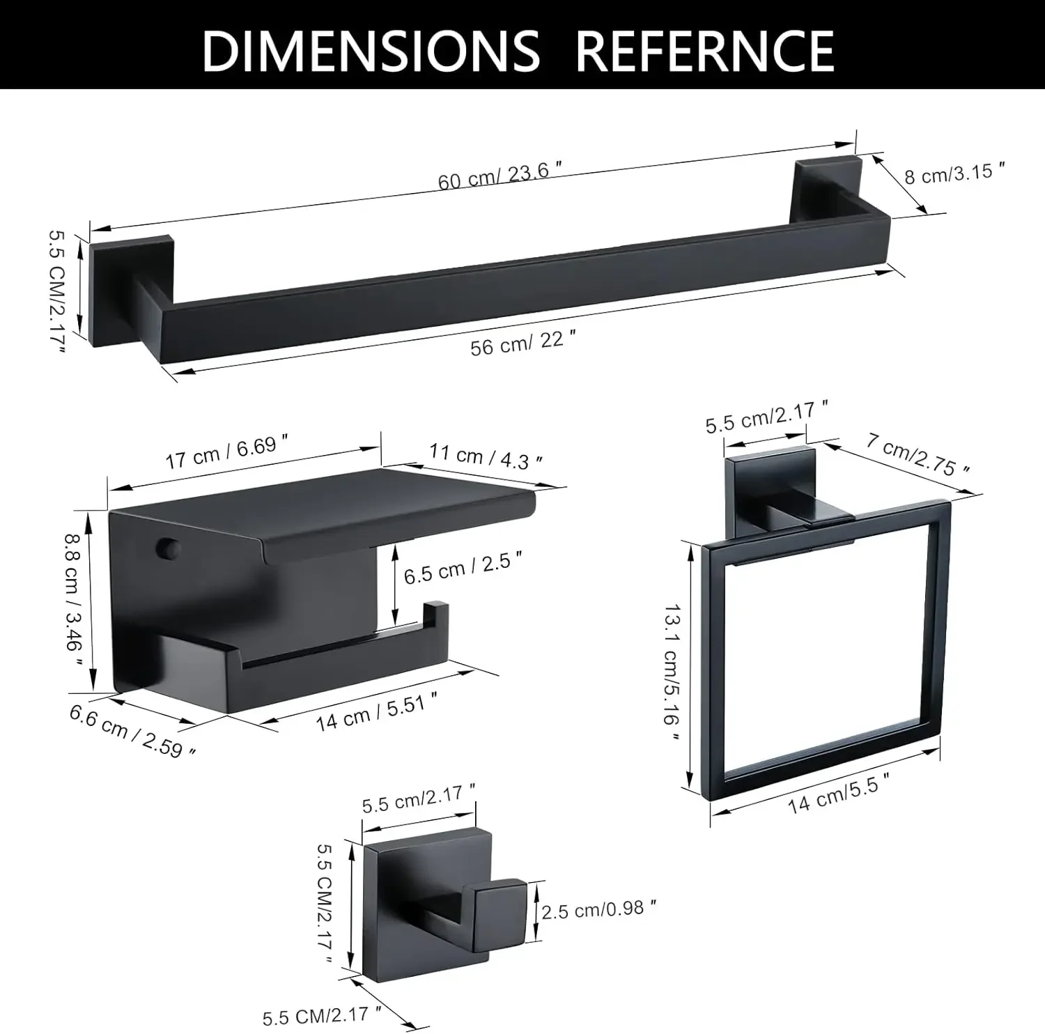 TNOMS Juego de barra de toalla negra Juego de accesorios de baño de 5 piezas que incluye barra de toalla de 23,6 pulgadas, gancho para toalla y gancho para toalla y papel higiénico Ho