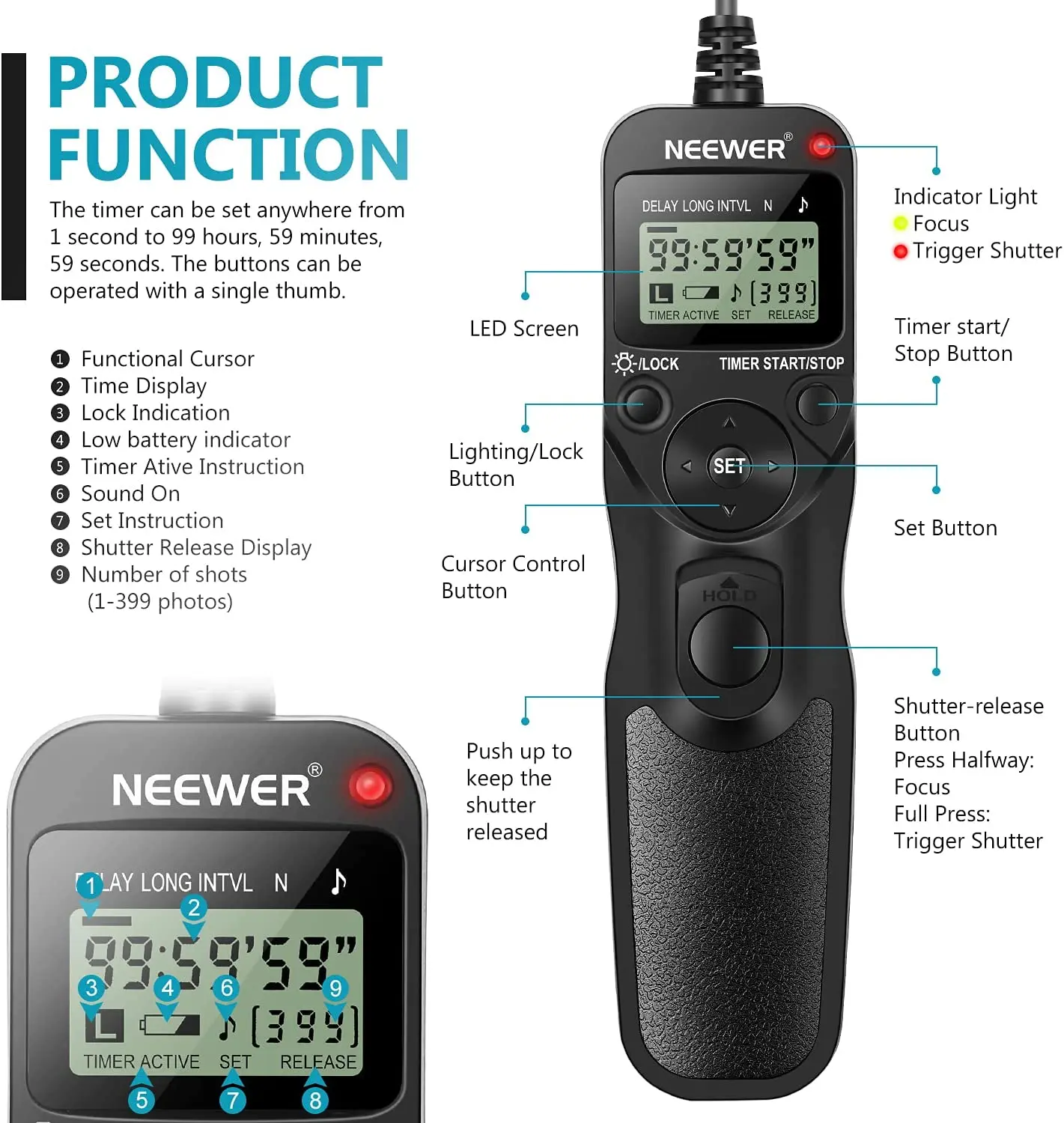 Neewer Timer Remote for Canon 50D, 40D, 30D, 20D, 10D, 5D,1Ds Mark III, 1D Mark III, 1D Mark II N, 1Ds Mark II,1D, 1V, EOS 3