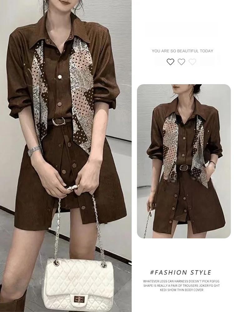 Fashionable Brown Shirt Dress Two-Piece Set Women's Casual Style Waist-Cinching Button-Up Summer New Arrivals Ensemble