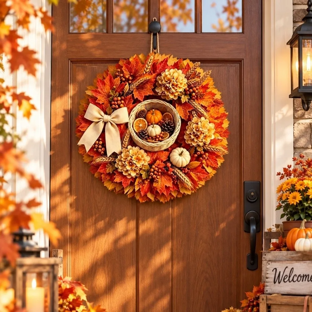 Wooden Harvest Festival Sign 2D Flat Print Rustic Harvest Hanging Sign Scarecrow Wreath Maple Leaf Autumn Home Decoration Fence