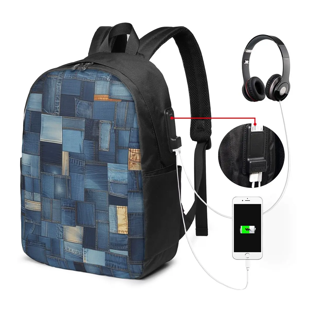 Faux Denim Patchwork Print Backpack Travel Notebook Bag Computer College Student School Bag Laptop Shoulder Bags for Men Women