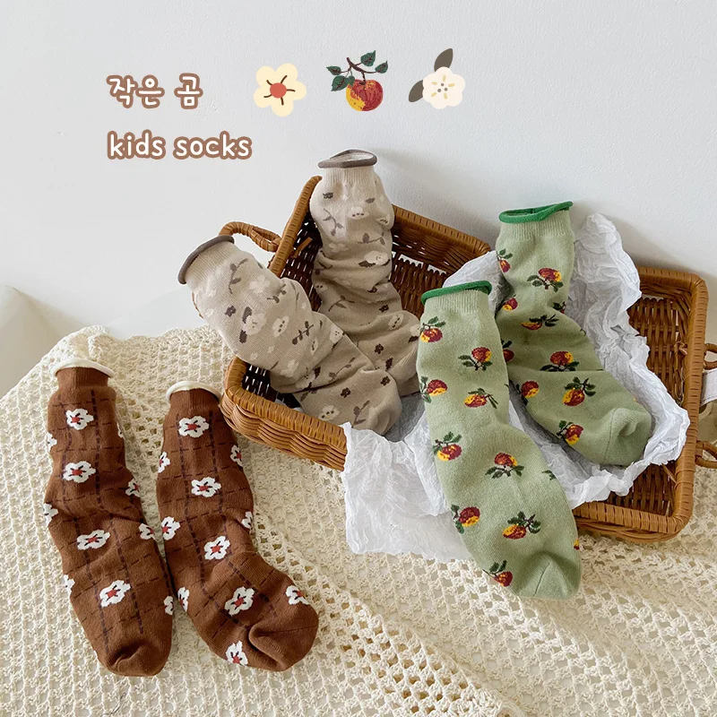 

Children's Socks Spring Autumn Baby Socks 1-12Y Girls Floral Bear Cotton Calf Socks Fancy Lace Flowers Crew Socks