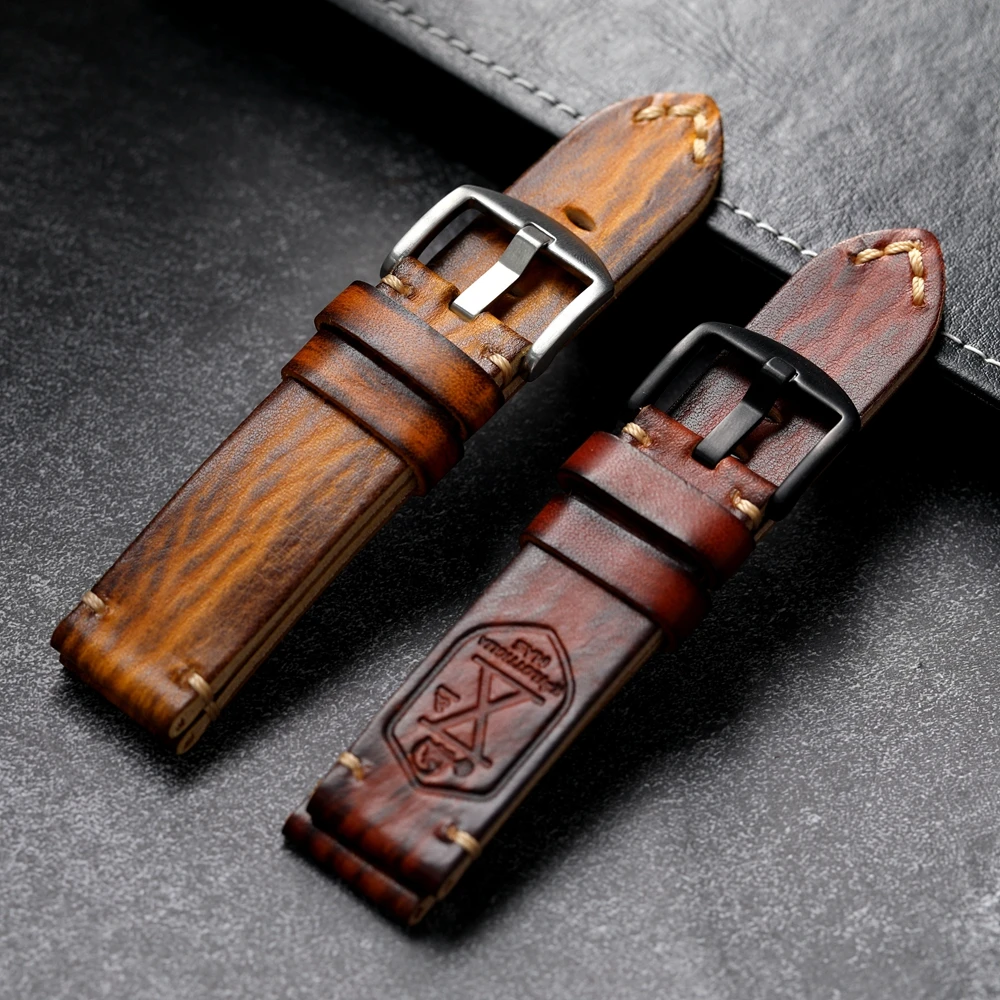 Handmade Rubbed Old Leather Strap 20 22 24MM Brown Yellow Retro Thickening Men Watch Bracelet Suitable For Bronze Watchband