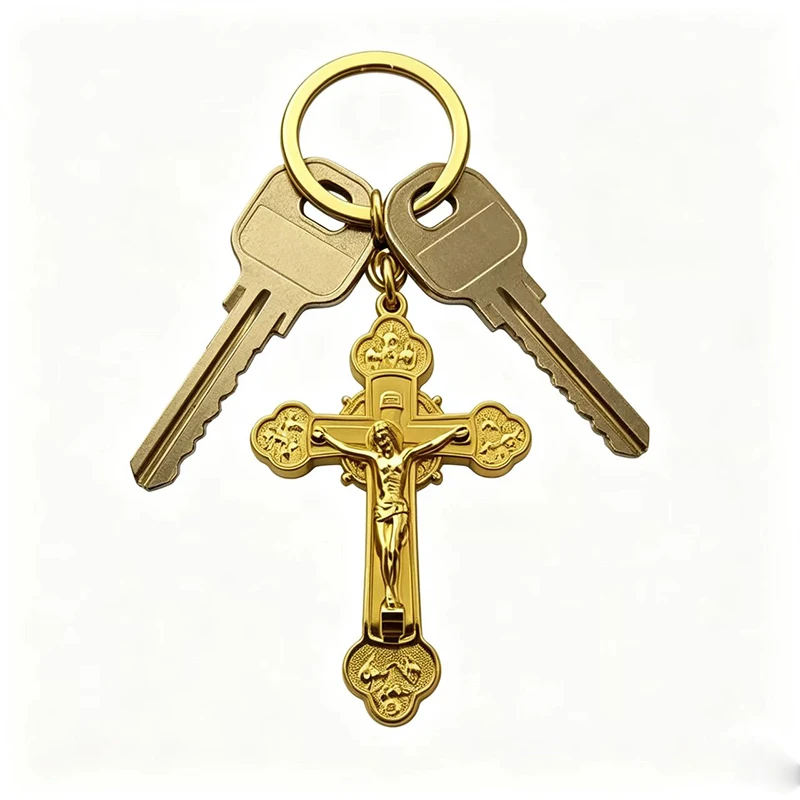 Gold Plated Orthodox Crucifix Keychain with Engraved Icons Religious Charm for Car Keys Bags Backpacks Daily Use and Christian F