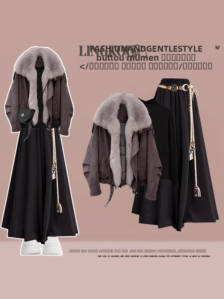 

Winter Anti-Aging Thick Large Collar Women's Set Casual High Waist Long Pants V-Neck Jacket Loose Fit Elegant Style Three-Pie...