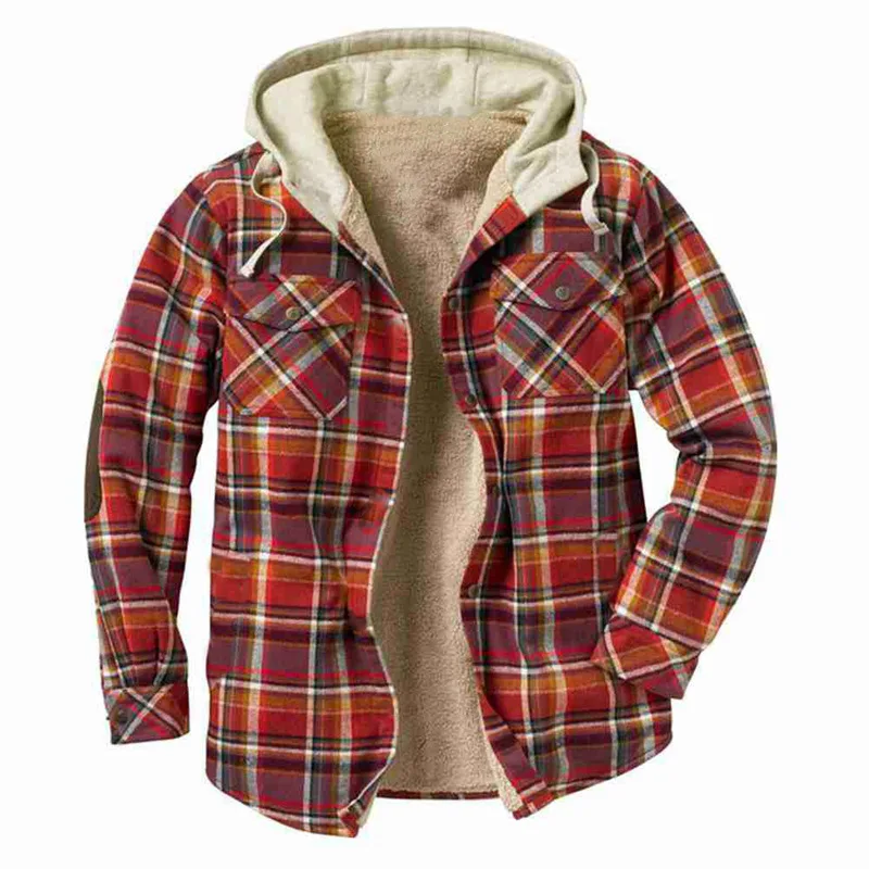 Europe and The United States Men\'s Autumn and Winter Plaid Printed Casual Hooded Shirt Jacket with Fleece Thickened Jacket