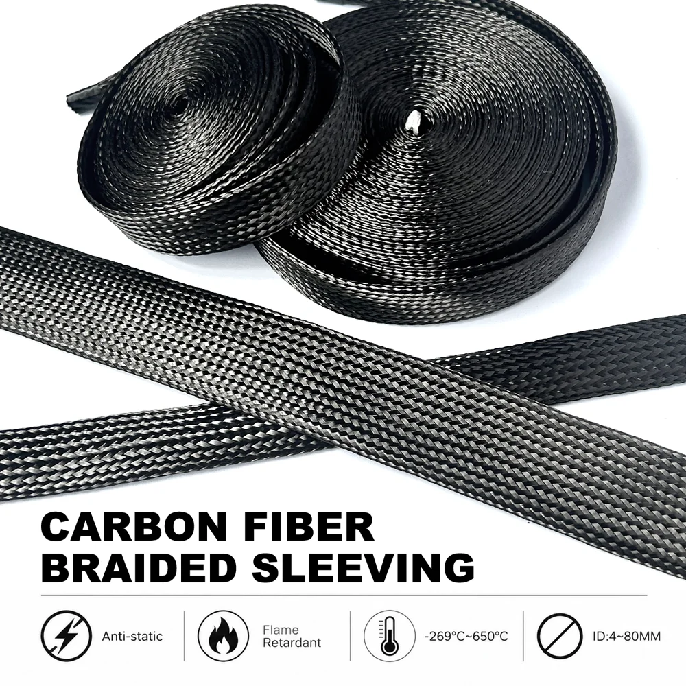 Black Carbon Fiber Sleeve ID 4~80mm Flame Retardant/Wear-Resistant/Wire Harness Insulation Protective Sleeve