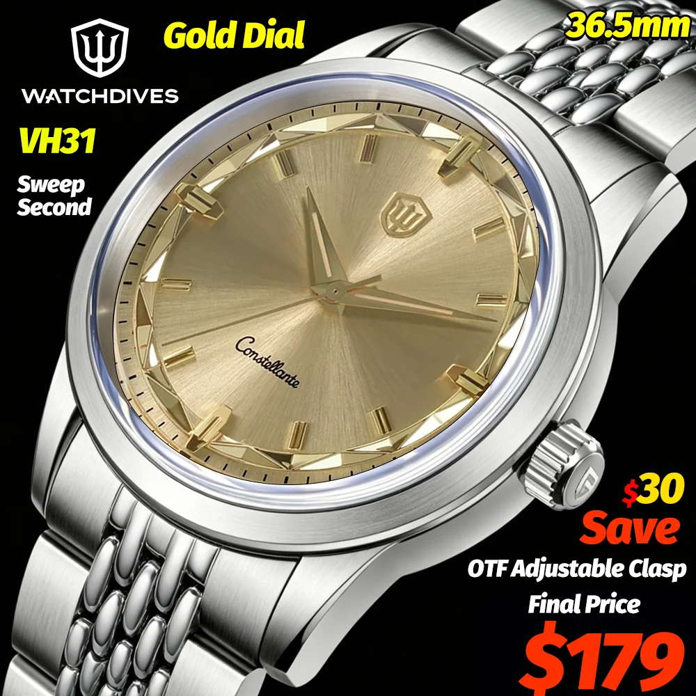 

Watchdives WD1954 36Mm Men Gold Quartz Watch VH31 Sweep Second Sapphire BGW9 Luminous 10ATM Stainless Steel Business Wristwatch