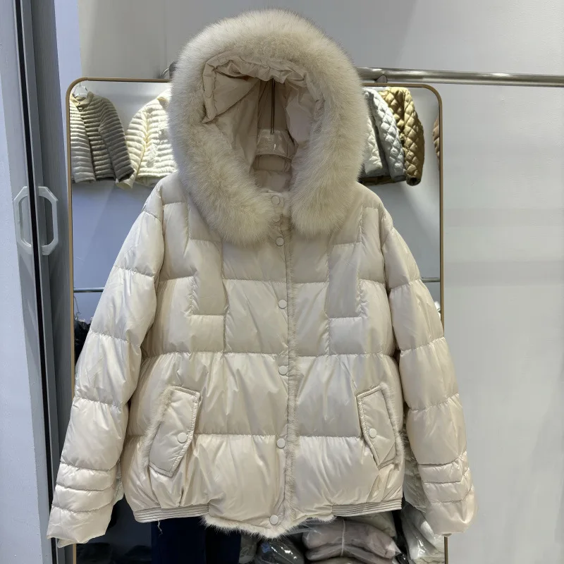 Piumino corto invernale da donna europeo nuovo piumino corto in pelliccia di visone patchwork con cappuccio allentato