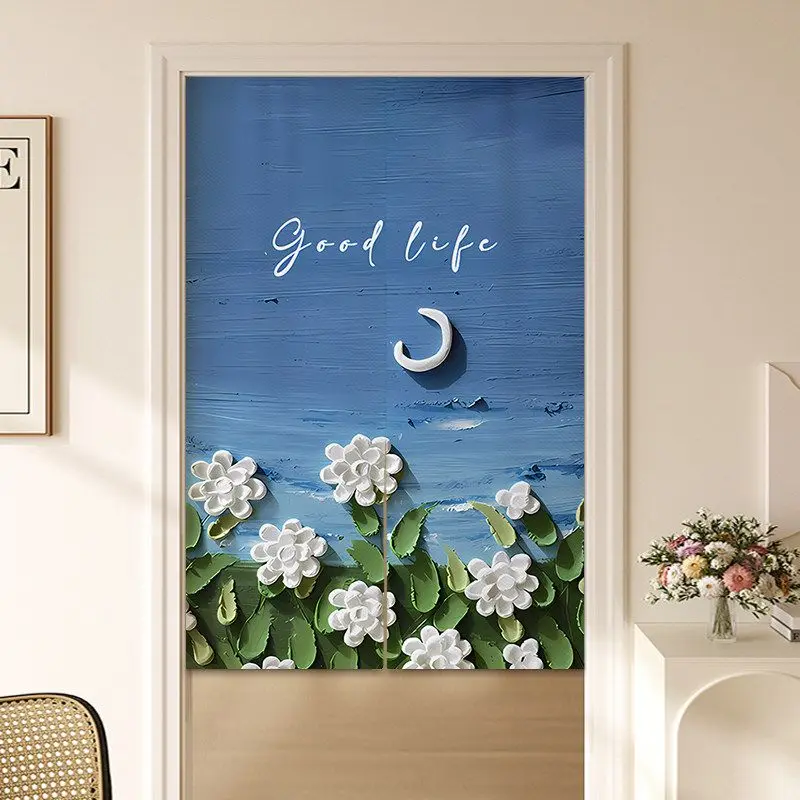 VIKAMA Japanese Oil Painting Floral Moon Noren Doorway Curtain Room Divider Privacy Tapestry for Living Room Cozy Home Decor