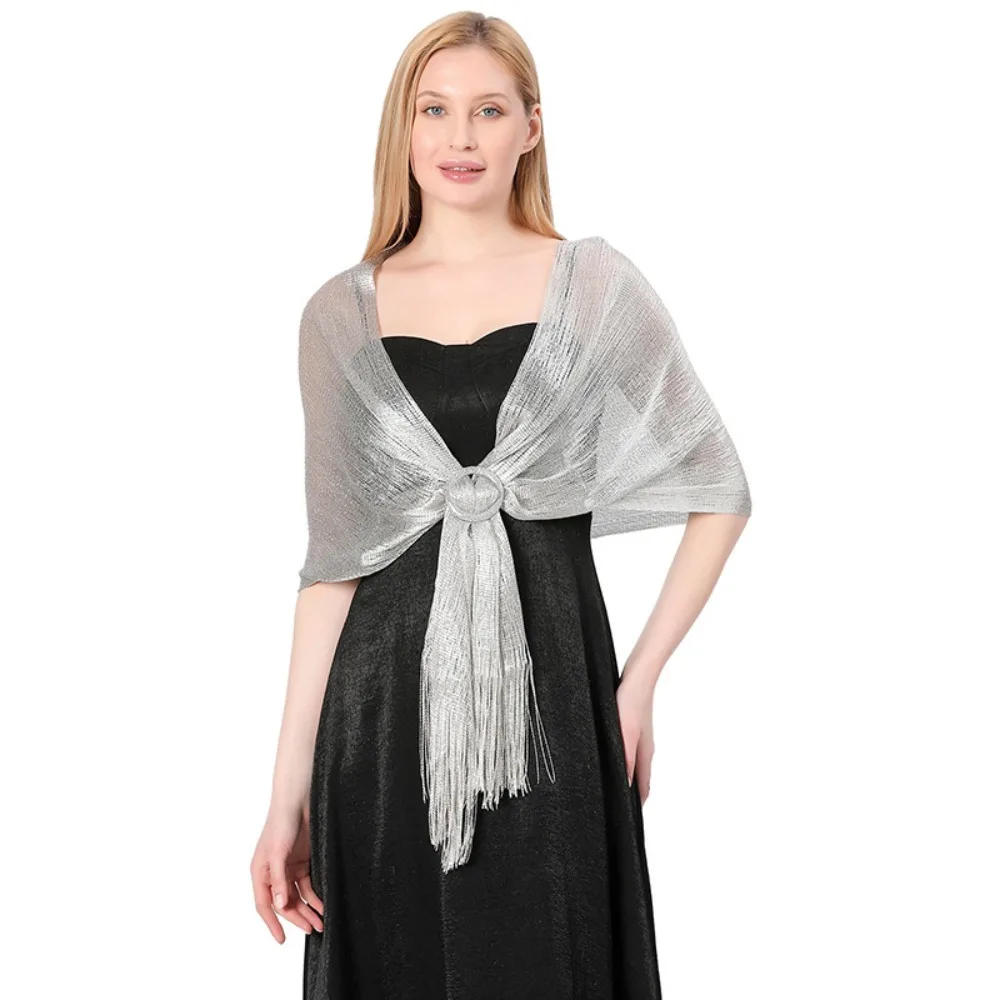 

Fashion Bridal Sparkling Metallic Scarf Wedding Party with Buckle Evening Dresses Shawl Bridesmaid Gold Silver Shiny Shawls