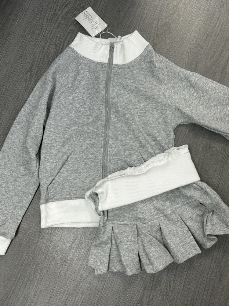 American Y2k Gray Sport Style 2 Piece Set Women Chic Stitched Sweatshirt + Mini Pleated Skirt Short Zipper Cardigan Suit Winter