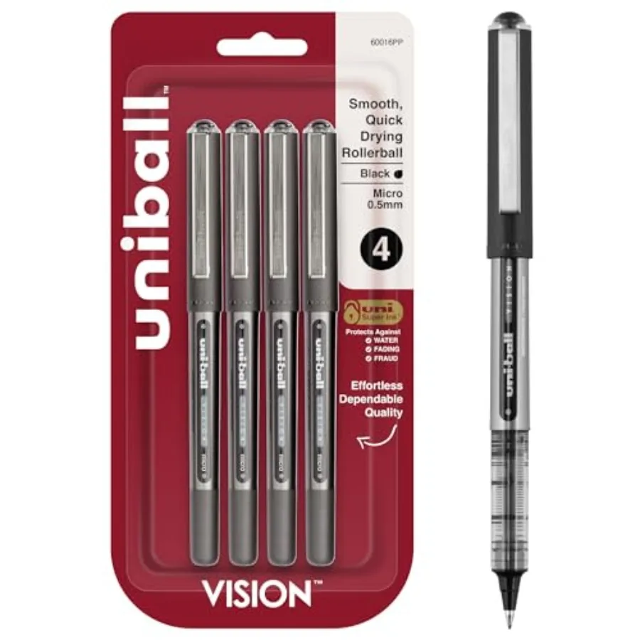 

uniball Vision Rollerball Pens, Micro Point 0.5mm,Black, 4 Pack