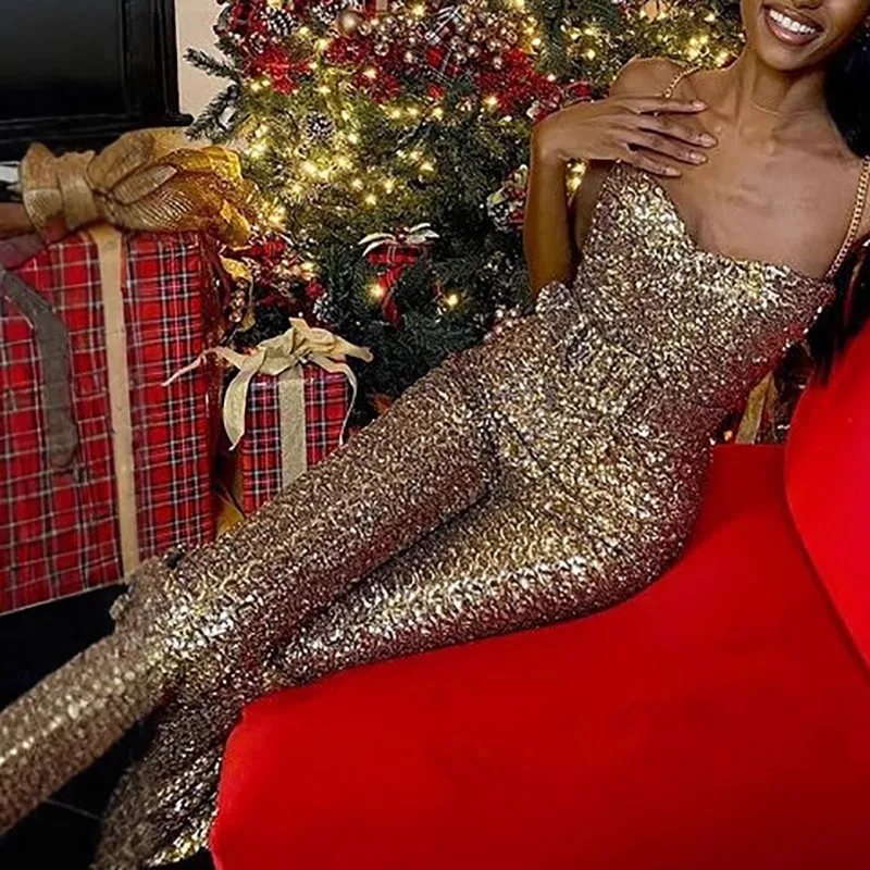 

Повседневный женский летний комбинезон с открытыми плечами, модный комбинезон без рукавов с высокой талией, новый блестящий банкетный комбинезон с открытой спиной и блестками