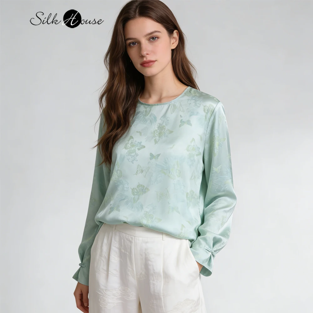 

Women's Fashion Spring Clothing 100% Natural Mulberry Silk Fantasy Butterfly SangBo Satin Round Neck Long Sleeve Blue T-shirt
