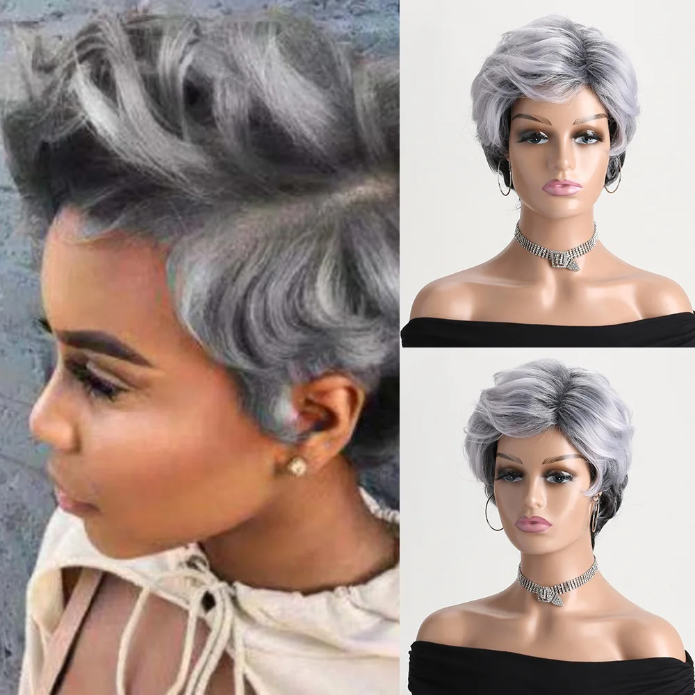 

European and American fashion synthetic hair wig for women, short curly synthetic mixed silver-black color hairpiece daily wear
