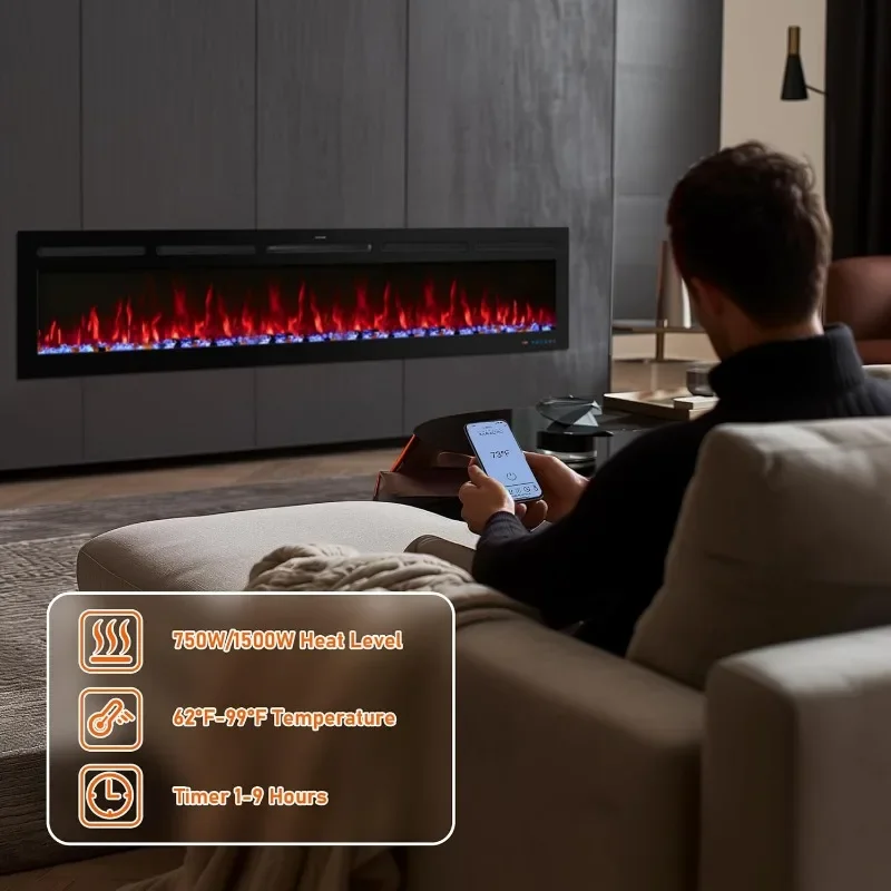 50" Smart WiFi Electric Fireplace Insert, 13 Flame & Fuel Bed with Automatic Cycle, Fireplace Heater with APP Control