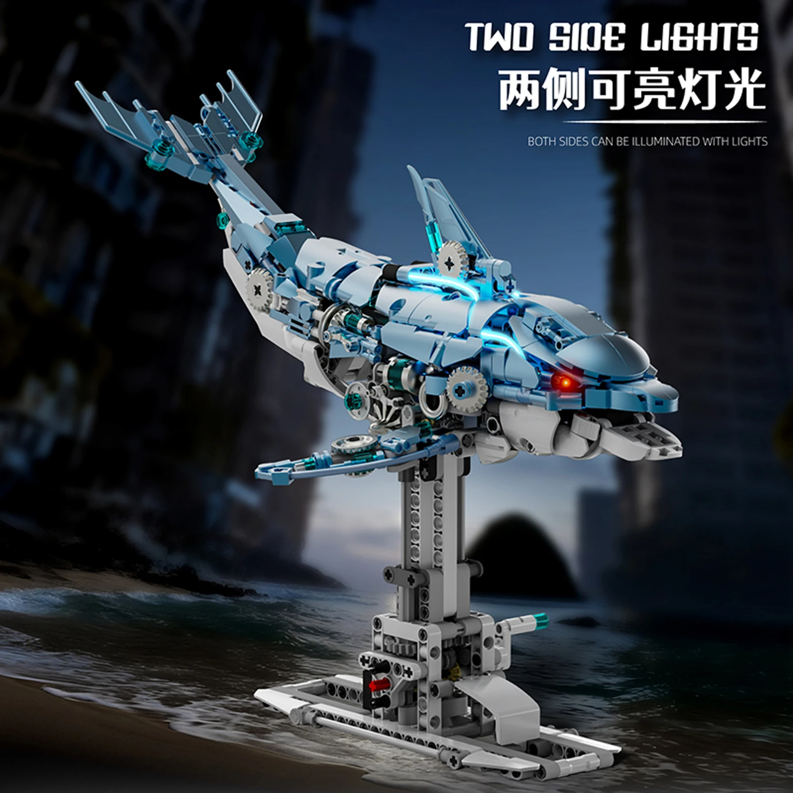 Modello di delfino meccanico Modello di blocchi di costruzione Animale marino creativo Mosasaurus Assemblaggio Ornamento educativo MOC Giocattoli di mattoni