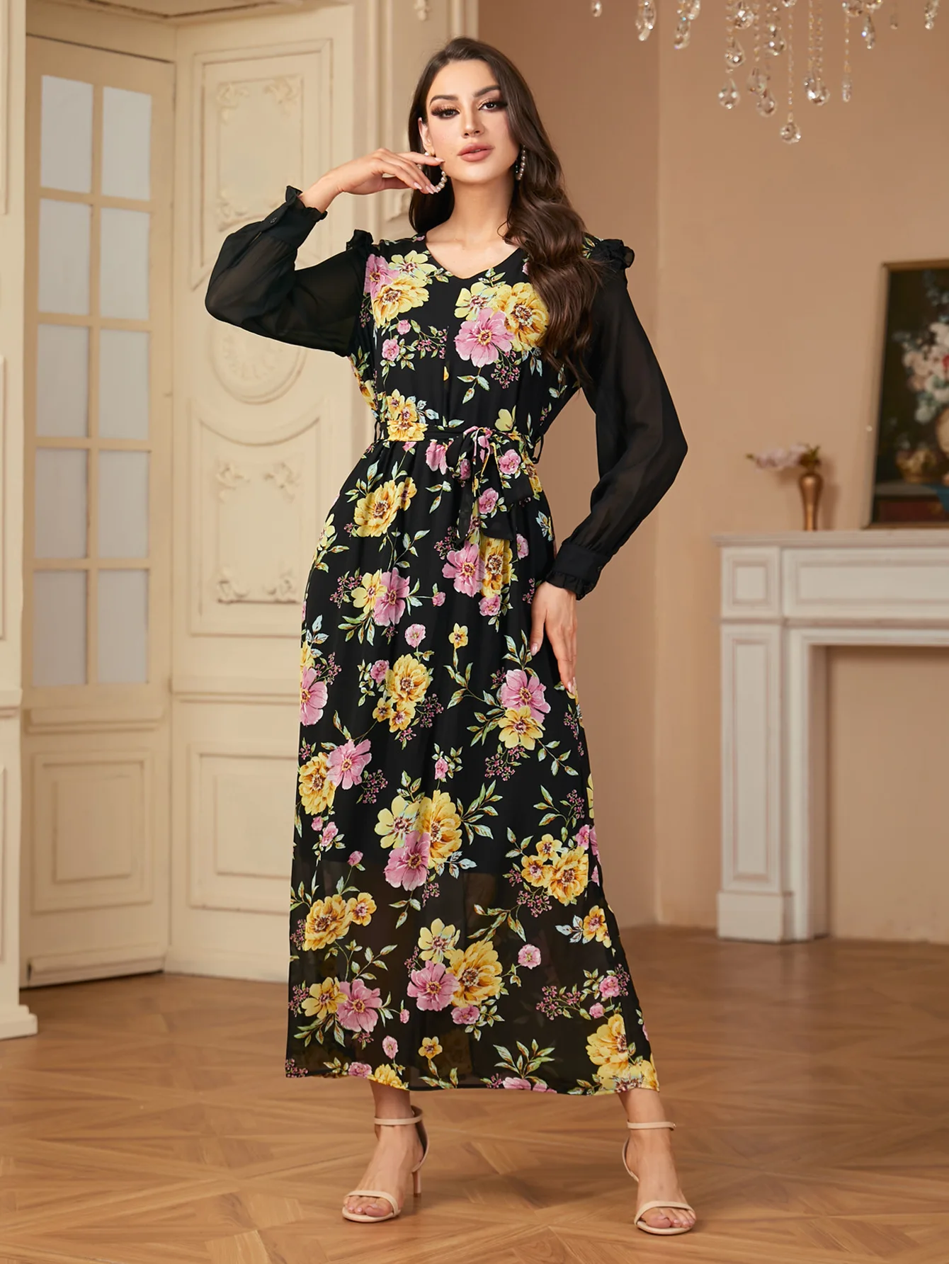 Spring Floral Printed Women Muslim Dress Long Sleeve Ramadan Turkey Vestidos Vintage Holiday Maxi Robe Kaftan Tunic Sundress