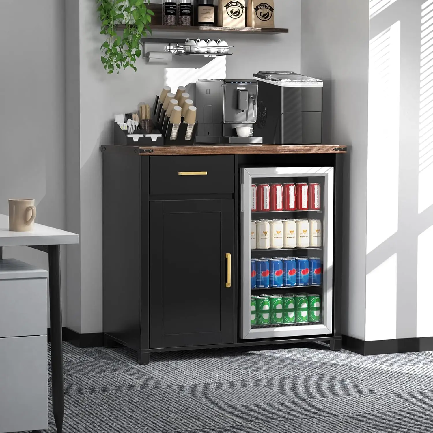 Coffee Bar with Mini Fridge, Cabinet Stand for Dorm, Kitchen, or Office, 39.4' W X 20.9' D