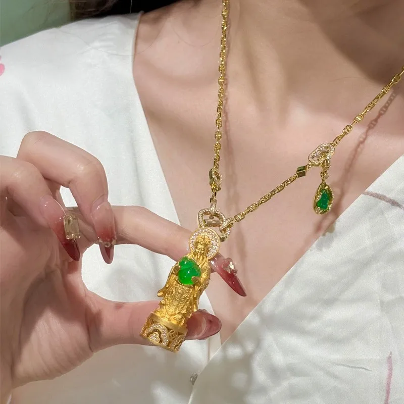 

9999 24K real gold universal chain emerald jade pendant jade Buddha pendant with chain necklace light luxury Buddha chain
