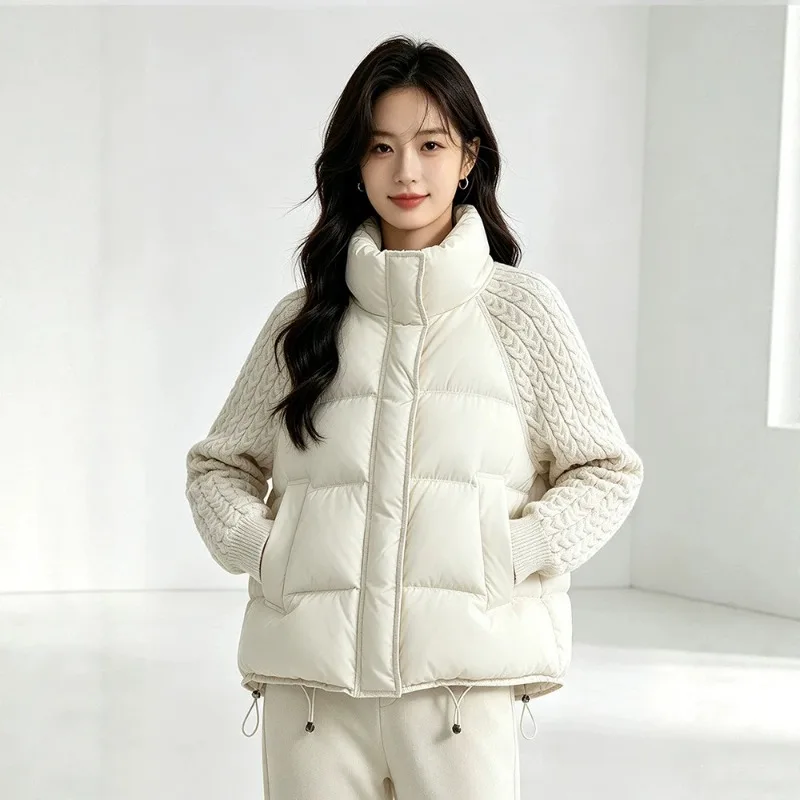 Knit Sleeve Cropped Puffer Jacket Stand Collar Zip Up Korean Street Style Trendy Fall Layering Outerwear Cozy Fashion New
