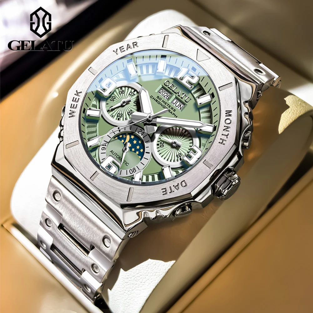 

GELATU 6030 Mechanical Movement Watch For Men Multifunctional Dial Angular Design Night Light Function 50m Waterproof Watch