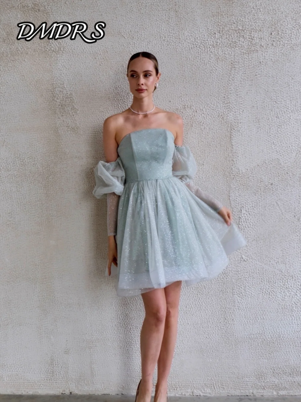 

Romantic Strapless Evening Dress Stylish Short-sleeved Party Gown Classic A-Line Knee-length Party Dresses Customized فساتين سهر