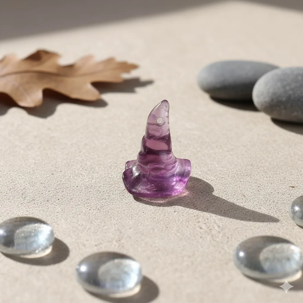 Natural Purple Fluorite Witch Hat, Crystal Wizard Hat Carving, Mini Magic Hat Figurine, Witchy Altar Decor, Gift for Her