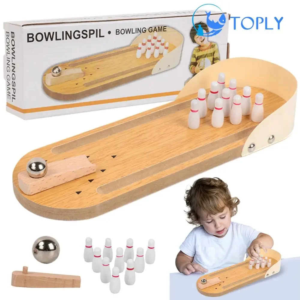 Wooden Board Bowling Toys with 10 Pins Portable Tabletop Bowling Game Desktop Bowling Set for Men Women Teens Kids