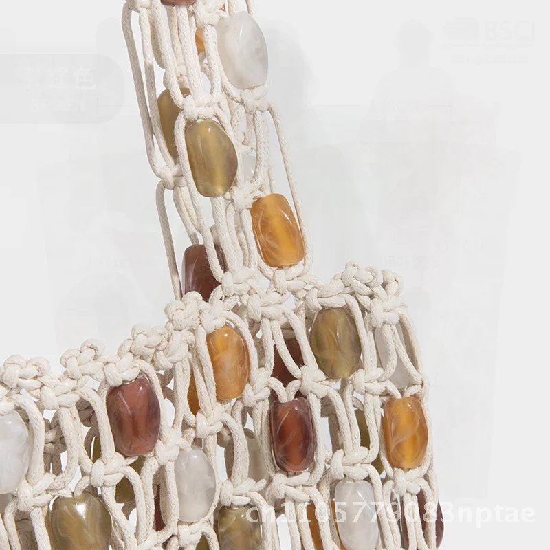 2025 New Handmade Beaded Woven Tote Bag Off-White Contrasting Color Shoulder Handbag PU Material Small Size Trendy Cross-Border