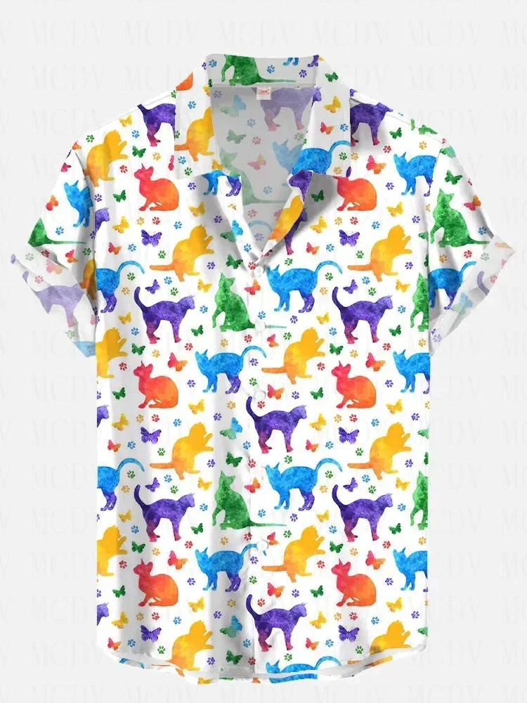 

Fashion Summer Rainbow Colorful Cat And Butterfly Silhouette Printing Short Sleeve Shirt 3D Hawaiian Shirts