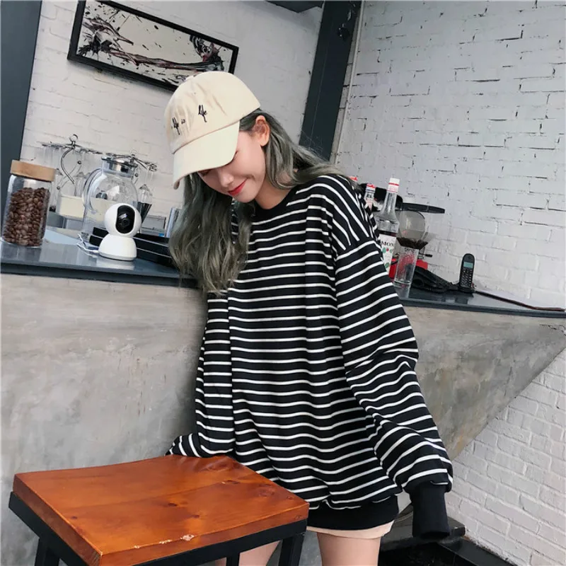 Sweatshirts Women All-match Striped Black Spring Autumn Korean Style Casual Hip Hop New Harajuku Ins Trendy Streetwear Vintage