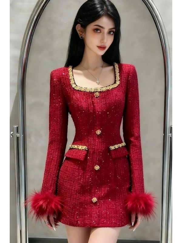 Korean Elegant Millionaire Daughter Celebrity Style High Waist Diamond Shiny Slimming Short Dress Luxury Sensation New Model