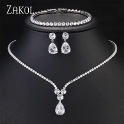 ZAKOL Luxury Clear Water Drop Zircon Jewelry Set for Women High Quality Shiny CZ Wedding Party Jewelry