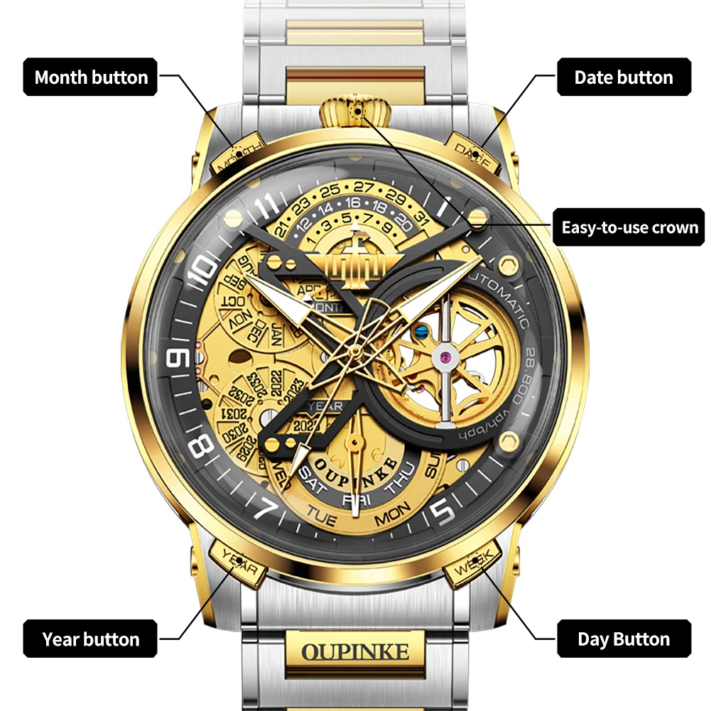 OUPINKE Automatic Mechanical Wristwatch for Men Skeleton Calendar Fashion Watch Original Genuine men's Watch