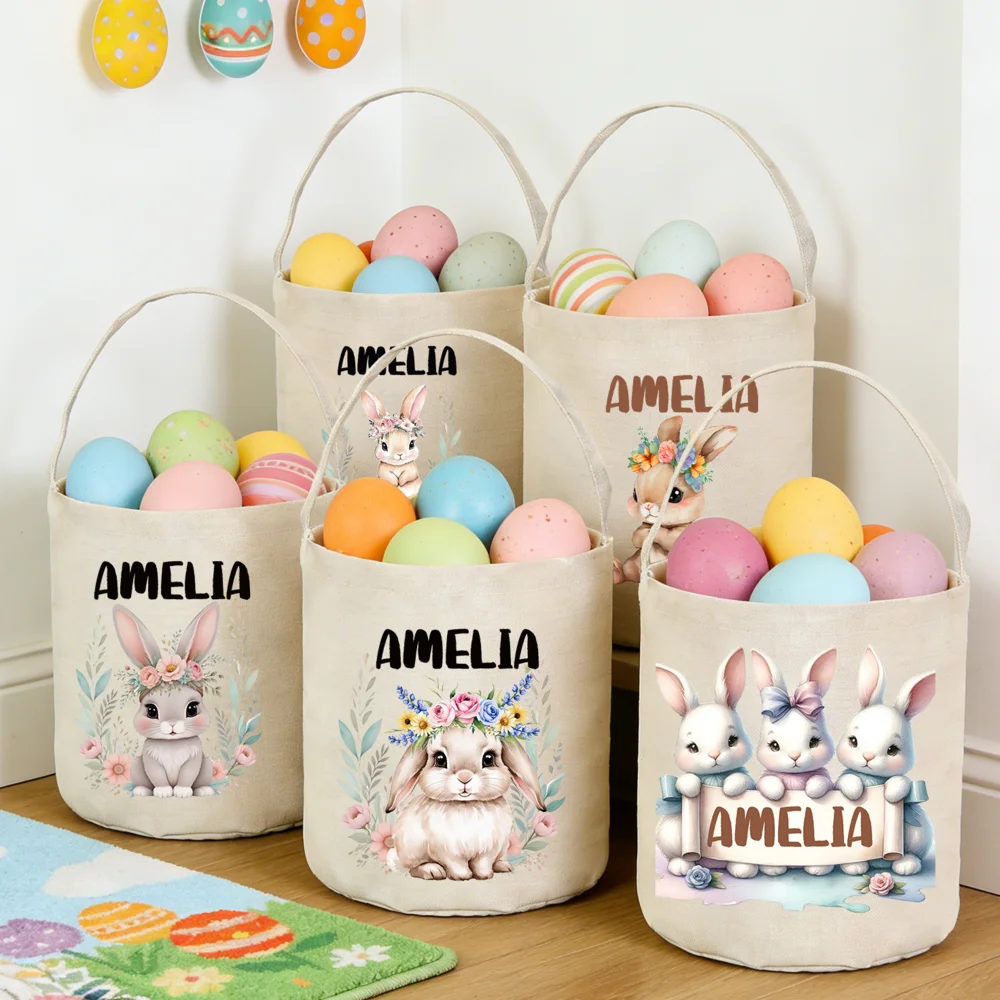 Personalized Easter Basket Custom Name Bunny Rabbit Basket Easter Egg Hunt Tote Bag Bunny Gift for Kids Toddler Totes